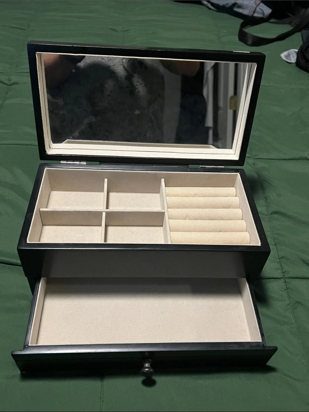 Black Jewelry Organizer Box with Mirror and Cream Interior
